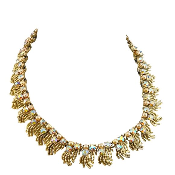 Coro Aurora Borealis Choker Necklace from 1950's with Faux Pearls - Picture 2 of 8